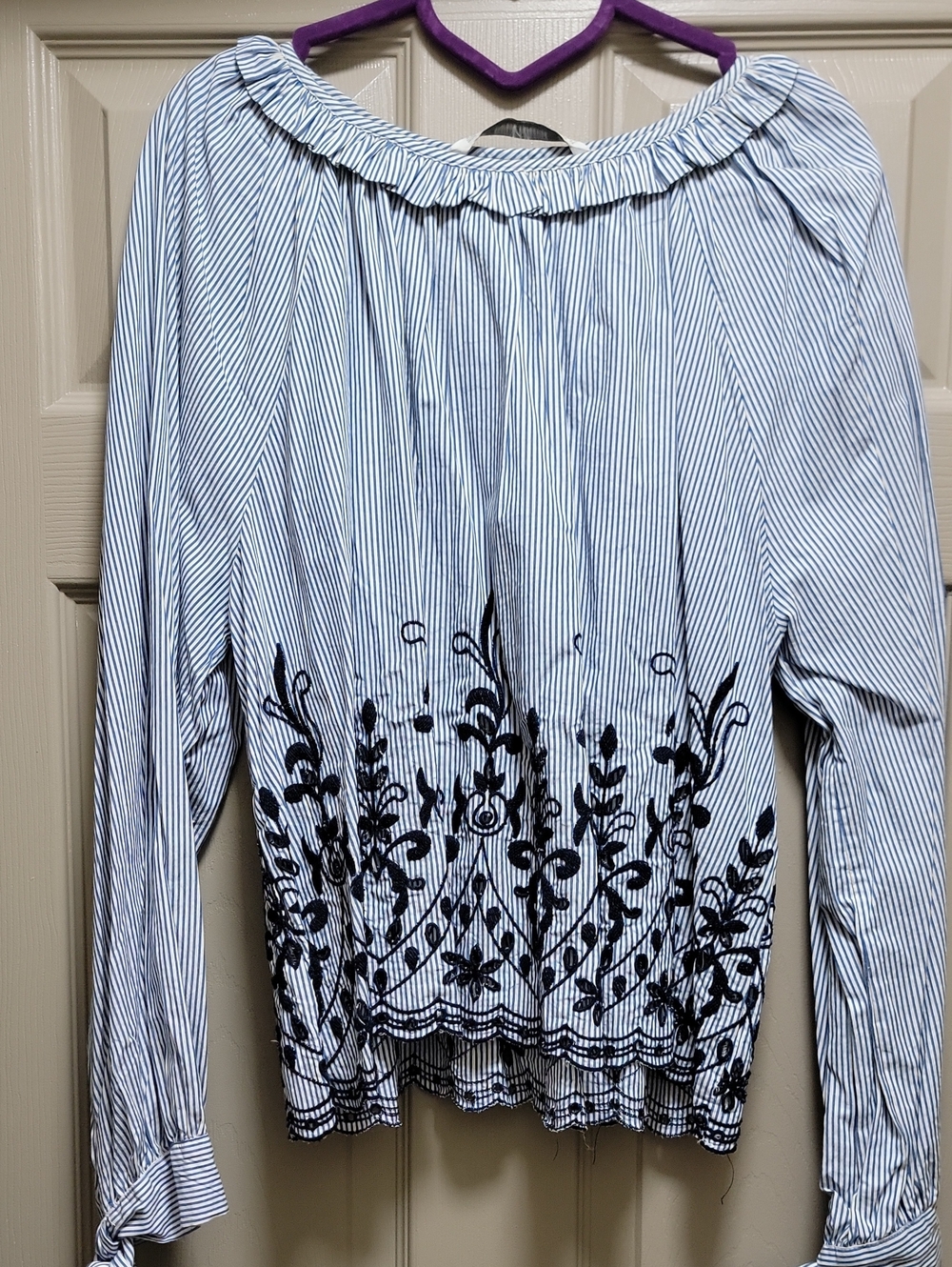 Zara Blue and White Striped Cotton Blouse with Floral Border XL